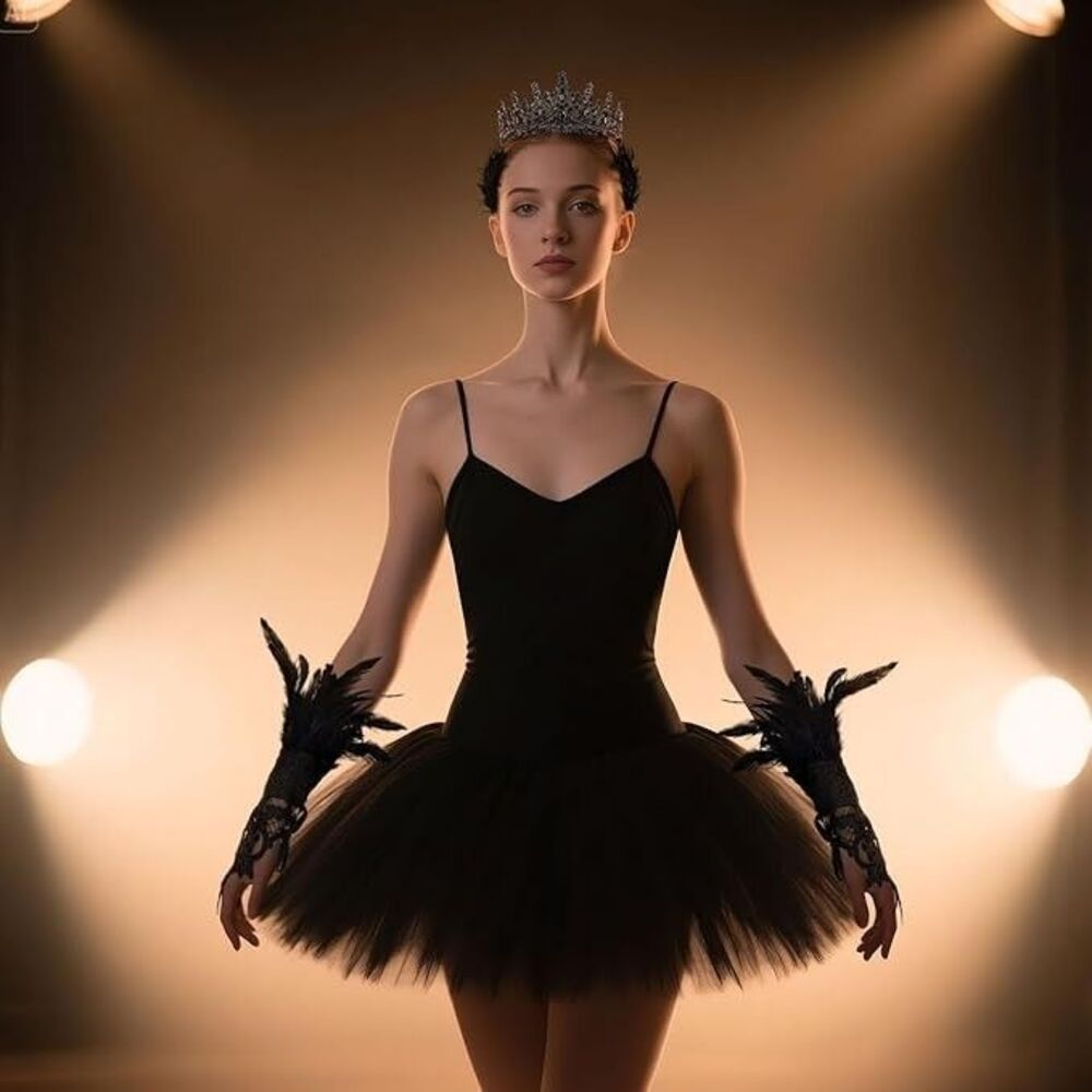 4pc Black Swan Silver Tiara Crown, Gloves, Tutu Ballet Goth Rhinestone Cosplay - Picture 4 of 8